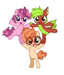 Size: 896x1040 | Tagged: safe, artist:rubyg242, oc, oc only, oc:cinnamon apple, oc:pumpkin seed, dracony, dragon, earth pony, hybrid, pony, unicorn, base used, female, filly, foal, glasses, interspecies offspring, magical lesbian spawn, offspring, parent:apple bloom, parent:babs seed, parent:scootaloo, parent:spike, parent:sweetie belle, parent:twist, parents:babstwist, parents:scootabelle, parents:spikebloom, simple background, transparent background