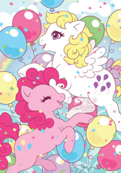 Size: 629x900 | Tagged: safe, artist:celesse, idw, pinkie pie, surprise, earth pony, pegasus, pony, g1, g4, my little pony: generations, balloon, comic, confetti, cover, duo, g4 to g1, generation leap, generational ponidox, watermark