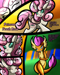 Size: 2400x3000 | Tagged: safe, artist:keytee-chan, apple bloom, ocellus, scootaloo, smolder, sweetie belle, yona, oc, oc:princess fresh rose, comic:the great big fusion 3 remake, g4, comic, cutie mark crusaders, eyes closed, fusion, high res, merging, smiling