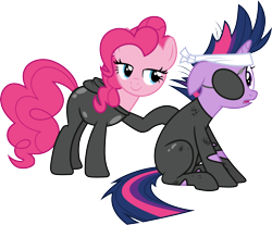 Size: 3620x3000 | Tagged: safe, artist:cloudy glow, pinkie pie, twilight sparkle, g4, it's about time, .ai available, catsuit, eyepatch, future twilight, high res, latex, latex suit, simple background, transparent background, vector