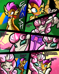 Size: 2400x3000 | Tagged: safe, artist:keytee-chan, apple bloom, ocellus, scootaloo, smolder, sweetie belle, yona, oc, oc:princess fresh rose, comic:the great big fusion 3 remake, g4, comic, cutie mark crusaders, eyes closed, fusion, high res, merging, pleading, smiling, tsundere