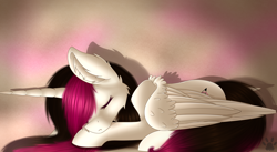 Size: 3304x1815 | Tagged: safe, artist:maneblue, oc, oc only, alicorn, pony, abstract background, alicorn oc, ear fluff, female, horn, lying down, mare, paw prints, prone, sleeping, solo, wings