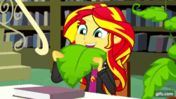 Size: 640x360 | Tagged: safe, screencap, sunset shimmer, epic fails, equestria girls, g4, my little pony equestria girls: summertime shorts, animated, biting, clothes, cute, cutie mark on clothes, female, gif, gifs.com, herbivore, homesick shimmer, humans doing horse things, jacket, leaf, leather, leather jacket, library, shimmerbetes, solo, sunset wants her old digestive system back