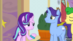 Size: 640x360 | Tagged: safe, screencap, november rain, starlight glimmer, trixie, earth pony, pony, unicorn, g4, season 9, student counsel, 2022, abuse, animated, crying, cunt, dejected, desperate, door slam, eyes closed, female, floppy ears, friendship student, gif, gifs.com, magic, male, mare, open mouth, pulling, sad, school of friendship, shrunken pupils, smiling, stallion, telekinesis, trixie being trixie