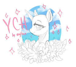 Size: 4500x4000 | Tagged: safe, artist:kaikururu, oc, pony, unicorn, bedroom eyes, bust, commission, female, horn, lineart, mare, smiling, solo, unicorn oc, your character here