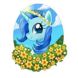 Size: 4000x4000 | Tagged: safe, artist:kaikururu, oc, oc only, pony, unicorn, blushing, bust, commission, female, floral head wreath, flower, mare, outdoors, simple background, solo, transparent background, ych result