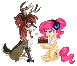 Size: 4300x3700 | Tagged: safe, artist:kaikururu, oc, oc only, deer, earth pony, pony, antlers, cake, chest fluff, deer oc, duo, eyelashes, food, headphones, neckerchief, oc x oc, shipping, simple background, transparent background