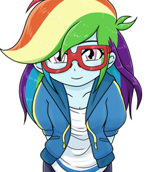 Size: 640x740 | Tagged: safe, alternate version, artist:batipin, rainbow dash, equestria girls, g4, arm behind back, cute, dashabetes, female, glasses, looking at you, multiple variants, simple background, solo, transparent background