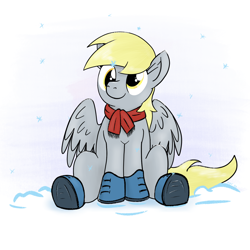 Size: 1512x1512 | Tagged: safe, artist:eels, derpy hooves, pegasus, pony, g4, boots, clothes, cute, derpabetes, gloves, scarf, shoes, sitting, smiling, snow, snowfall, snowflake, solo