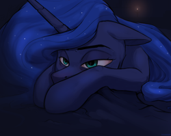 Size: 2000x1590 | Tagged: safe, artist:kirasunnight, princess luna, alicorn, pony, g4, dark, female, floppy ears, mare, solo, tired