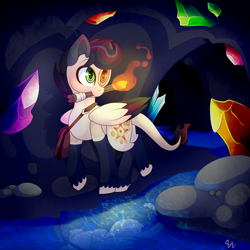 Size: 2000x2000 | Tagged: safe, artist:star-theft, oc, oc:star theft, pegasus, pony, cave, colored wings, female, gem, high res, mare, mouth hold, solo, torch, two toned wings, wings