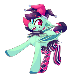 Size: 2000x2000 | Tagged: safe, artist:star-theft, oc, oc:jester jokes (star-theft), bat pony, clothes, female, hat, heterochromia, high res, jester hat, mare, simple background, solo, stockings, thigh highs, transparent background