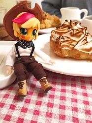 Size: 1532x2048 | Tagged: safe, artist:redness, applejack, equestria girls, g4, applejack's hat, cowboy hat, doll, equestria girls minis, eqventures of the minis, food, hat, irl, photo, toy