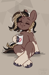 Size: 1496x2311 | Tagged: safe, artist:sugarstar, oc, oc only, oc:coco powder, pony, unicorn, cup, eyes closed, female, mare, sitting, smiling, solo