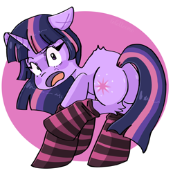 Size: 1280x1280 | Tagged: safe, artist:lolettecore, twilight sparkle, pony, unicorn, g4, abstract background, arched back, butt, clothes, cute, ears back, female, mare, open mouth, plot, raised leg, shading, socks, solo, striped socks, tail, twibutt, unicorn twilight