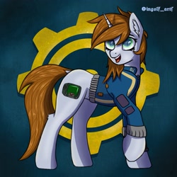 Size: 3375x3375 | Tagged: safe, artist:ingolf arts, oc, oc only, oc:littlepip, pony, unicorn, fallout equestria, clothes, digital art, ear fluff, female, grin, high res, hooves, horn, jumpsuit, mare, open mouth, pipbuck, simple background, smiling, solo, tail, vault suit