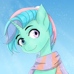 Size: 3508x3508 | Tagged: safe, artist:dashy21, oc, oc only, oc:sleepy whistles, pony, unicorn, bust, clothes, eyebrows, heterochromia, high res, horn, scarf, signature, smiling, solo, striped scarf, unicorn oc