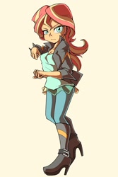 Size: 1364x2048 | Tagged: safe, artist:doktor-d, sunset shimmer, equestria girls, g4, boots, breasts, cleavage, clothes, female, fighting stance, full body, high heel boots, jacket, leather jacket, looking at you, shoes, simple background, solo, stance