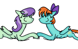 Size: 1920x1200 | Tagged: safe, artist:nitlynjane, peppermint goldylinks, violet twirl, pegasus, pony, g4, bow, duo, duo female, eyes closed, female, friendship student, hair bow, lying down, mare, peppertwirl, prone, quality, simple background, smiling, transparent background, wip