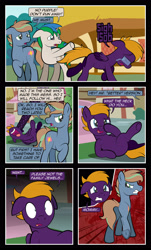 Size: 1920x3169 | Tagged: safe, artist:alexdti, oc, oc only, oc:brainstorm (alexdti), oc:dark purple, oc:purple creativity, oc:star logic, pegasus, pony, unicorn, comic:quest for friendship, abuse, angry, blue eyes, comic, crying, dialogue, ears back, eyes closed, female, folded wings, glasses, green eyes, gritted teeth, high res, hooves, horn, karma, laughing, legs in air, looking at someone, lying down, male, mare, nose in the air, on back, onomatopoeia, open mouth, open smile, pegasus oc, raised hoof, running, sad, self paradox, self ponidox, shadow, shrunken pupils, smiling, speech bubble, stallion, standing, tail, tears of laughter, this will end in pain, two toned mane, two toned tail, underhoof, unicorn oc, wall of tags, wings