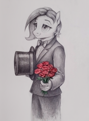 Size: 888x1210 | Tagged: safe, artist:thebowtieone, oc, oc:bowtie, anthro, bowtie, clothes, flower, hat, solo, suit, top hat, traditional art