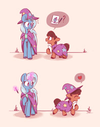 Size: 1800x2300 | Tagged: safe, artist:scribble-potato, trixie, oc, earth pony, pony, unicorn, g4, accessory theft, autograph, brooch, cape, clothes, colt, comic, cute, diatrixes, fan, fanboy, foal, happy, hat, heart, jewelry, magic, male, mare, open mouth, open smile, smiling, telekinesis, trixie's brooch, trixie's cape, trixie's hat, wholesome