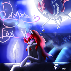 Size: 5800x5800 | Tagged: safe, artist:florarena-kitasatina/dragonborne fox, oc, oc only, oc:crimson flame, alicorn, pony, unicorn, absurd resolution, crescent moon, imagining, ink, moon, paper, quill, signature, thought bubble, watermark