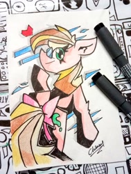 Size: 775x1024 | Tagged: safe, artist:chimmythedragon, oc, oc only, oc:vanilla twirl, earth pony, pony, abstract background, bow, female, glasses, looking at you, looking back, looking back at you, mare, photo, solo, tail, tail bow, traditional art