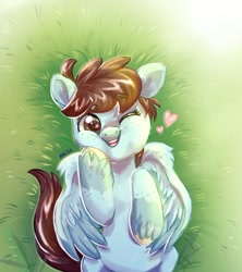 Size: 879x989 | Tagged: safe, artist:avui, oc, oc only, oc:goyini, pegasus, pony, eyebrows, eyebrows visible through hair, grass, heart, hooves, lying down, on back, one eye closed, open mouth, open smile, pegasus oc, signature, smiling, solo, unshorn fetlocks, wings, wink