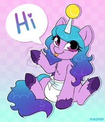 Size: 1100x1280 | Tagged: safe, artist:pukopop, izzy moonbow, pony, unicorn, g5, my little pony: a new generation, abstract background, ball, diaper, diaper fetish, fetish, horn, hornball, izzy's tennis ball, non-baby in diaper, sitting, solo, speech bubble, tennis ball, tongue out, waving