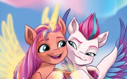 Size: 480x300 | Tagged: safe, artist:amy mebberson, idw, sunny starscout, zipp storm, alicorn, pegasus, pony, g5, my little pony: a new generation, spoiler:comic, spoiler:g5, spoiler:g5comic, spoiler:g5comic01, alicornified, artificial wings, augmented, comic cover, duo, female, flying, magic, magic wings, mane stripe sunny, mare, open mouth, race swap, sunnycorn, wings
