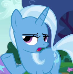 Size: 717x720 | Tagged: safe, screencap, trixie, pony, unicorn, no second prances, season 6, cropped, female, hooves, horn, imgflip, lidded eyes, mare, open mouth, outdoors, raised hoof, solo, underhoof