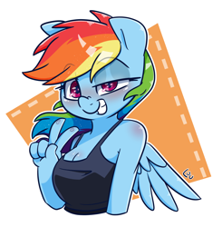 Size: 1500x1529 | Tagged: safe, artist:lou, rainbow dash, pegasus, anthro, g4, breasts, bust, cleavage, eyebrows, eyebrows visible through hair, female, grin, nose wrinkle, outline, peace sign, signature, simple background, smiling, solo, transparent background, white outline