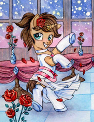 Size: 900x1167 | Tagged: safe, artist:red-watercolor, oc, oc only, oc:heroic armour, pony, unicorn, bipedal, clothes, collar, colt, crossdressing, dancing, dress, flower, flower filly, flower in hair, flower petals, foal, happy, horn, horn ring, male, ponytail, ring, rose, shoes, smiling, socks, table, tablecloth, thigh highs