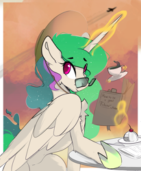 Size: 3615x4389 | Tagged: safe, artist:therealf1rebird, princess celestia, alicorn, pony, g4, book, coffee, cute, cutelestia, eye clipping through hair, eyebrows, eyebrows visible through hair, female, glasses, glowing, glowing horn, hat, high res, horn, looking at you, magic, magic aura, mare, smiling, smiling at you, solo, telekinesis
