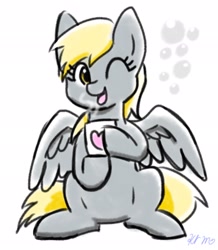 Size: 1787x2048 | Tagged: safe, artist:slfreargb1klh2c, derpy hooves, pegasus, pony, g4, cup, cute, derpabetes, female, heart, looking at you, mare, mug, one eye closed, open mouth, open smile, simple background, sitting, smiling, smiling at you, solo, steam, white background, wink, winking at you