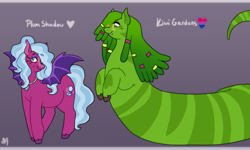 Size: 1918x1148 | Tagged: safe, artist:greenarsonist, oc, oc only, oc:kiwi gardens, oc:plum shadow, bat pony, lamia, original species, pony, snake, snake pony, bat pony oc, bisexual pride flag, eyeshadow, glasses, hair accessory, jewelry, long hair, makeup, necklace, pair, ponytail, pride, pride flag, smiling, spread wings, tooth, unshorn fetlocks, wings