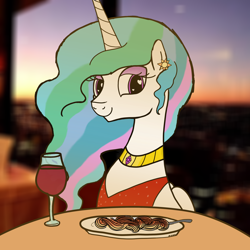 Size: 3000x3000 | Tagged: safe, artist:notawriteranon, princess celestia, alicorn, pony, g4, alcohol, dinner, female, food, high res, mare, offscreen character, pasta, pov, red dress, spaghetti, wine