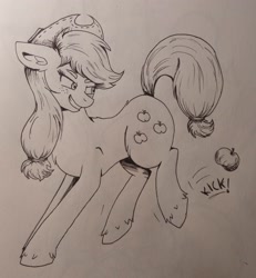Size: 2658x2879 | Tagged: safe, artist:dreamy990, applejack, earth pony, pony, g4, apple, food, high res, kicking, monochrome, solo, traditional art
