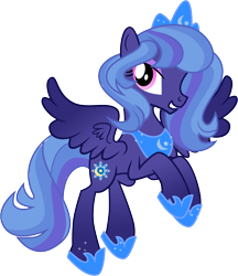 Size: 7155x8266 | Tagged: safe, artist:shootingstarsentry, oc, oc only, oc:starry night, pegasus, pony, absurd resolution, colored wings, crown, eyeshadow, female, flying, full body, gradient legs, gradient wings, grin, hoof shoes, hooves, jewelry, makeup, mare, not luna, parent:princess luna, parent:stygian, parents:styuna, pegasus oc, peytral, pink eyes, princess shoes, regalia, show accurate, simple background, smiling, solo, spread wings, tail, tiara, transparent background, vector, wings