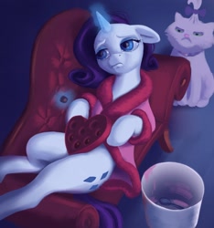 Size: 1500x1600 | Tagged: safe, artist:escapist, opalescence, rarity, cat, pony, unicorn, g4, bathrobe, box of chocolates, clothes, crying, depressed, fainting couch, food, holiday, ice cream, lonely, lying down, on back, robe, sad, valentine's day