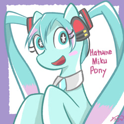 Size: 1000x1000 | Tagged: safe, artist:garammasara, earth pony, pony, anime, bust, female, hatsune miku, headphones, looking at you, mare, necktie, open mouth, open smile, ponified, signature, smiling, smiling at you, solo, starry eyes, stars, text, vocaloid, wingding eyes