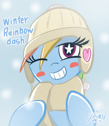 Size: 2126x2455 | Tagged: safe, artist:garammasara, rainbow dash, pegasus, pony, g4, blush sticker, blushing, bust, clothes, female, grin, hat, high res, looking at you, mare, one eye closed, scarf, signature, smiling, smiling at you, solo, starry eyes, stars, text, wingding eyes, wink, winking at you, winter outfit