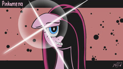Size: 1156x650 | Tagged: safe, artist:garammasara, pinkie pie, earth pony, pony, g4, bust, female, hair over one eye, looking at you, mare, pinkamena diane pie, signature, smiling, smiling at you, solo, text