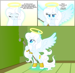 Size: 2978x2881 | Tagged: safe, artist:badumsquish, derpibooru exclusive, oc, oc only, oc:zophiel, angel, angel pony, original species, g4, bangles, bipedal, bracelet, cross, determined, dialogue, eyes closed, female, floating wings, frown, glowing, gold, halo, high res, hoof hold, house, implied oc:kim stone, jewelry, long eyelashes, long mane, mare, paint, paint roller, show accurate, solo, spear, talking to herself, talking to viewer, weapon, wings