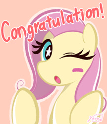 Size: 2126x2455 | Tagged: safe, artist:garammasara, fluttershy, pegasus, pony, g4, :o, blush sticker, blushing, bust, congratulations, eyelashes, female, high res, looking at you, mare, o mouth, one eye closed, open mouth, signature, simple background, solo, starry eyes, stars, text, wingding eyes, wink, winking at you