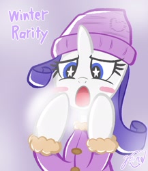 Size: 1774x2048 | Tagged: safe, artist:garammasara, rarity, pony, unicorn, g4, blush sticker, blushing, bust, clothes, female, hat, heart, mare, open mouth, purple background, signature, simple background, solo, starry eyes, stars, text, wingding eyes, winter, winter hat, winter outfit