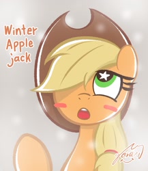 Size: 1774x2048 | Tagged: safe, artist:garammasara, applejack, earth pony, pony, g4, applejack's hat, blush sticker, blushing, bust, cowboy hat, female, hair over one eye, hat, looking up, mare, open mouth, signature, simple background, solo, starry eyes, stars, text, wingding eyes, winter