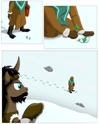 Size: 3000x3750 | Tagged: safe, artist:cactuscowboydan, oc, human, unicorn, comic:outcasted, comic, curved horn, hand, high res, horn, human oc, plant, snow, spying