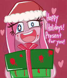 Size: 2126x2455 | Tagged: safe, artist:garammasara, pinkie pie, earth pony, pony, g4, blood, blood stains, bust, christmas, eye clipping through hair, female, happy holidays, hat, heart, heart background, high res, holiday, looking at you, mare, open mouth, open smile, pinkamena diane pie, present, santa hat, shrunken pupils, smiling, smiling at you, solo, starry eyes, stars, text, wingding eyes
